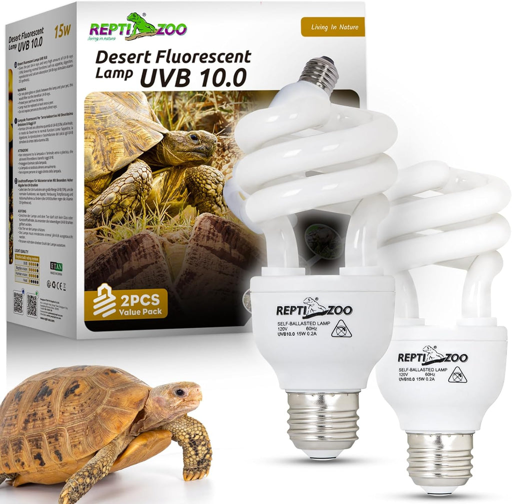 REPTI ZOO 2-Pack UVB Light for Desert Reptiles – 26W, 10.0 UVB with UVA, Spiral Compact Reptile Lamp for Bearded Dragons, Tortoises, Lizards & Snakes