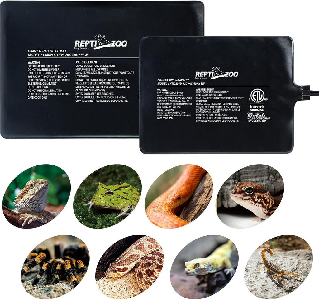 Reptile heat mats with images of reptiles, amphibians, and invertebrates for terrariums.