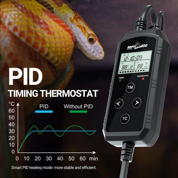 PID timing thermostat for reptile enclosures, digital display with control buttons, snake in background