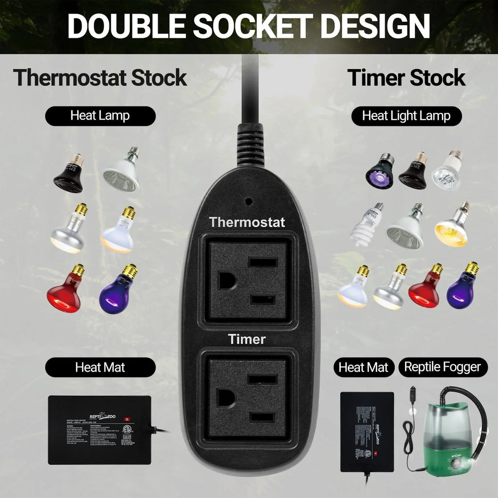 Double socket thermostat and timer plug for reptile heat lamps, mats, and foggers