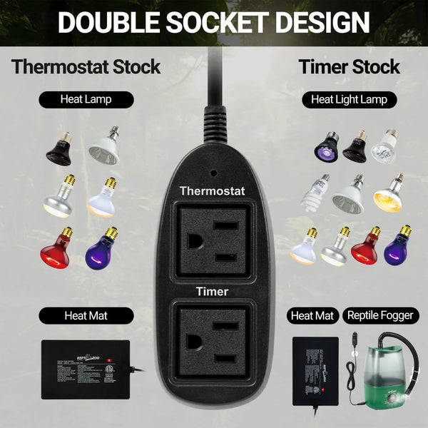 Double socket thermostat and timer plug for reptile heat lamps, mats, and foggers