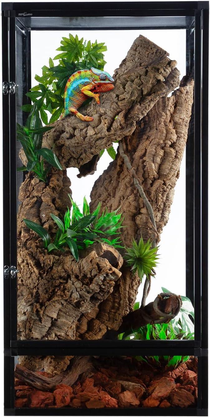 Glass reptile terrarium with climbing chameleon, natural wood, plants, and substrate.