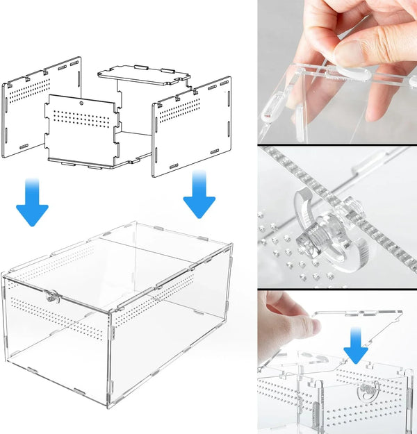 Acrylic reptile terrarium assembly steps showing clear panels, ventilation holes, and locking mechanism.