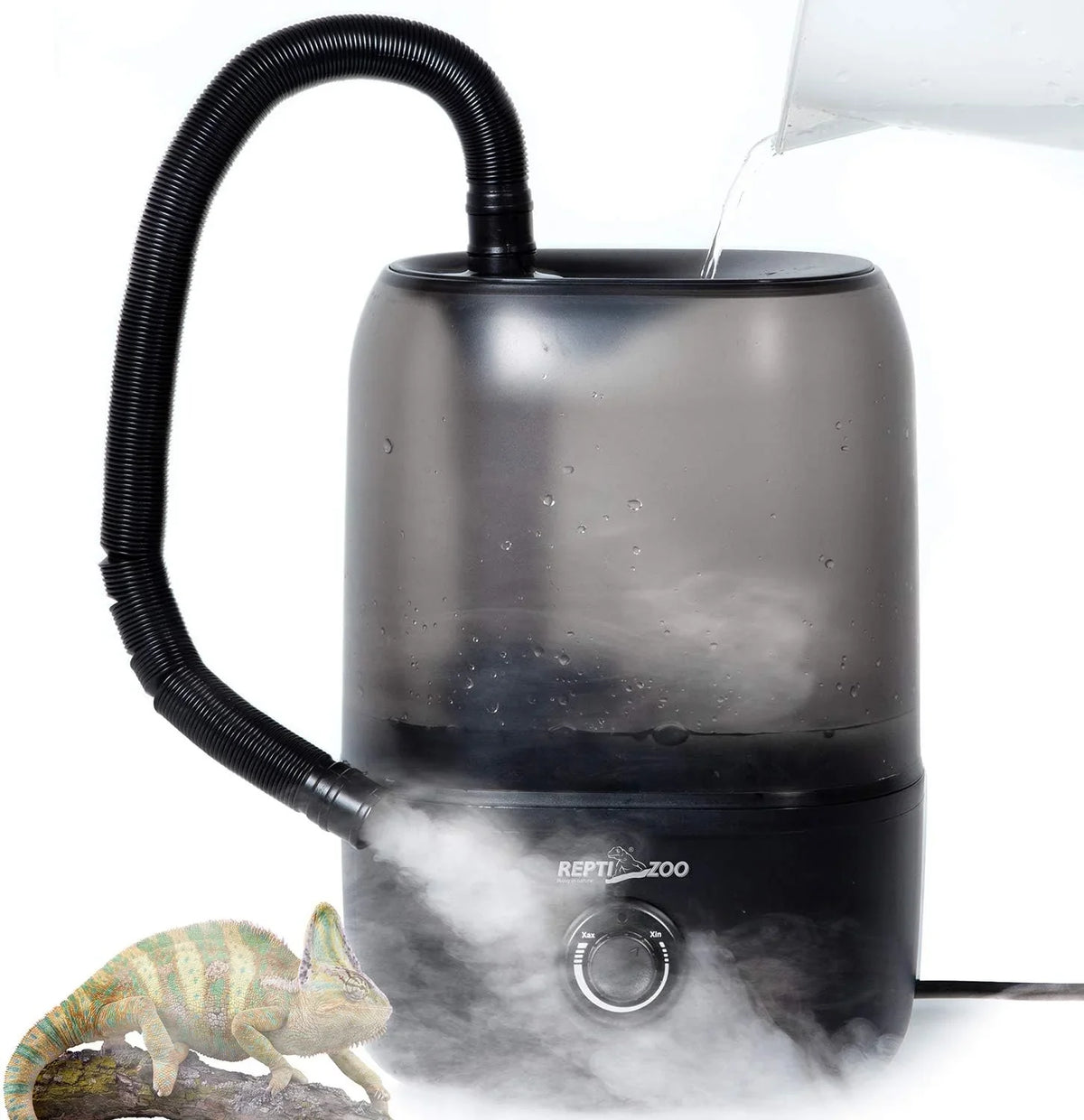 Reptile humidifier with hose emitting mist, water being poured in, and a chameleon nearby