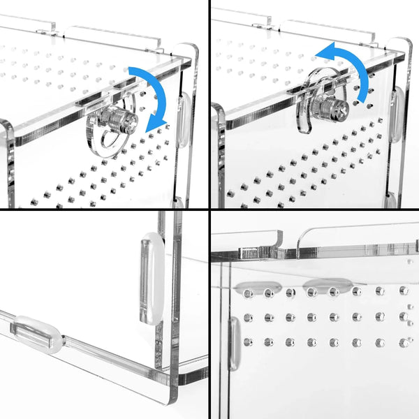 Acrylic reptile terrarium with locking mechanism and ventilation holes, close-up views