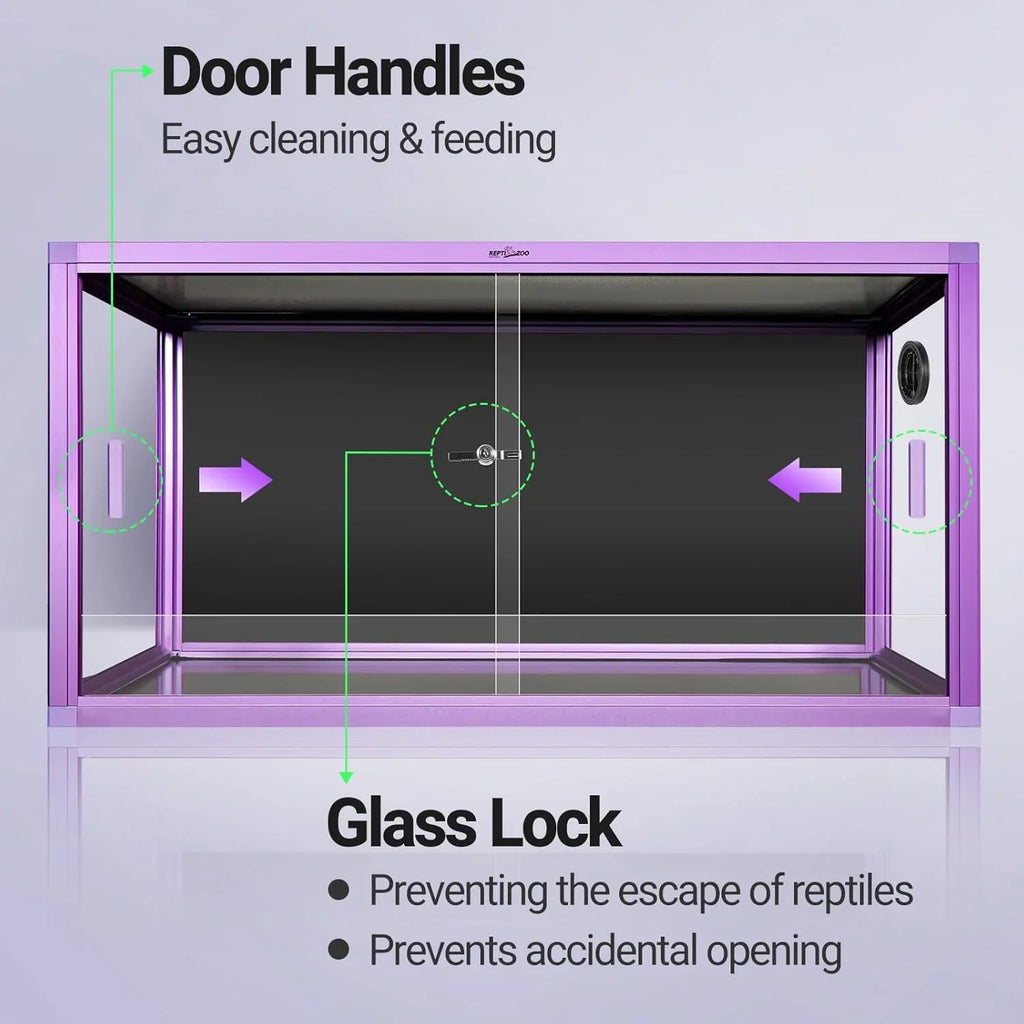 Purple glass reptile terrarium with secure door handles and glass lock for easy cleaning and safety.