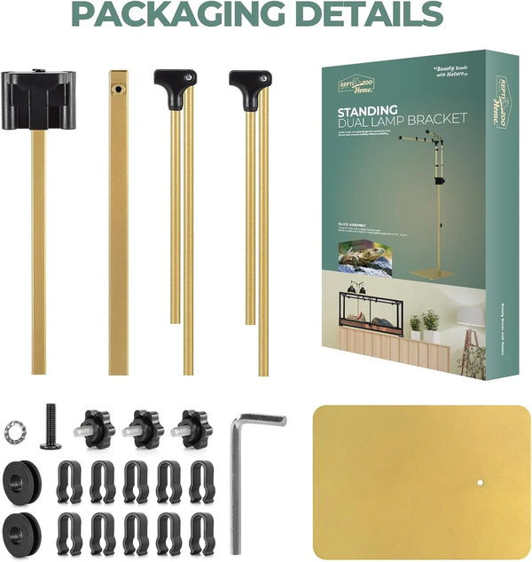 Standing dual lamp bracket kit for reptile terrarium, includes rods, base, clamps, and tools