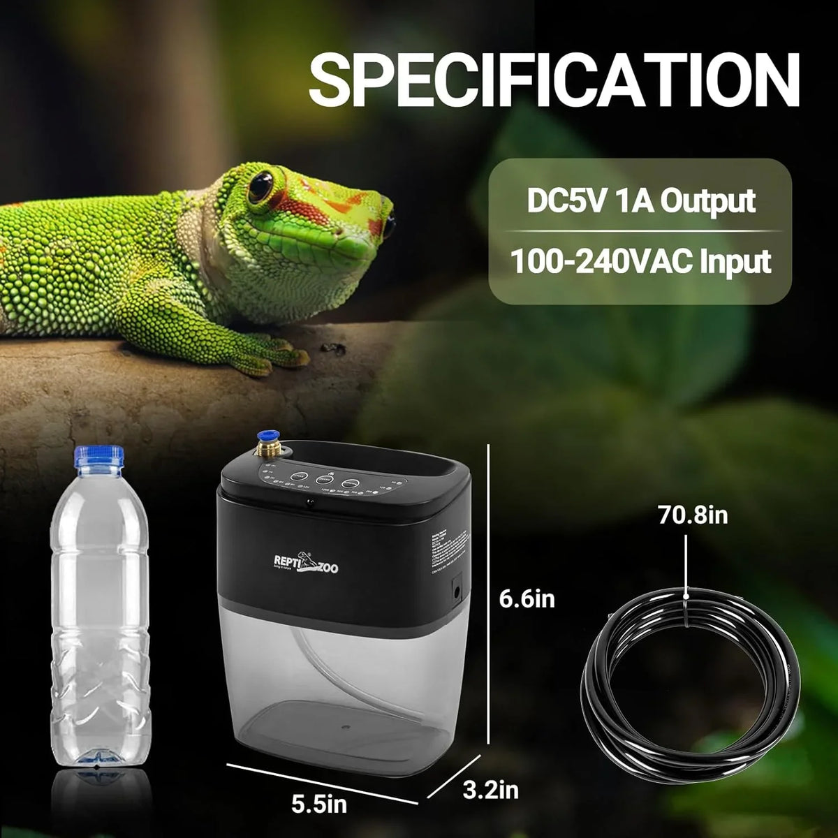 Reptile mister kit with hose, water bottle, and green lizard, product size details shown.