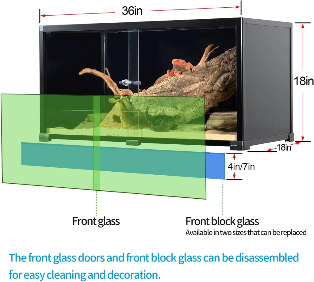36x18x18 inch reptile terrarium with sliding front glass doors and block glass, bearded dragon inside