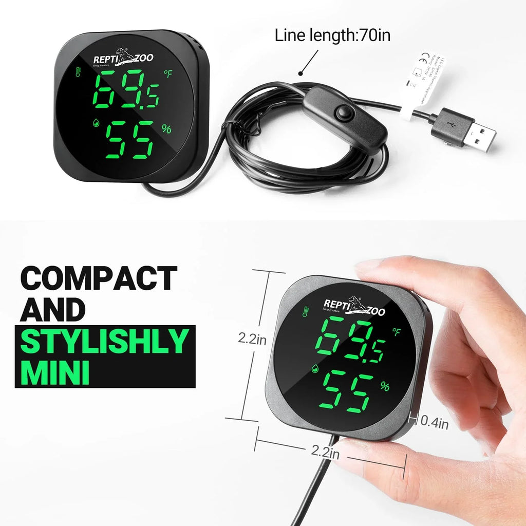 Digital reptile terrarium thermometer hygrometer with temperature and humidity display, USB powered, compact design.