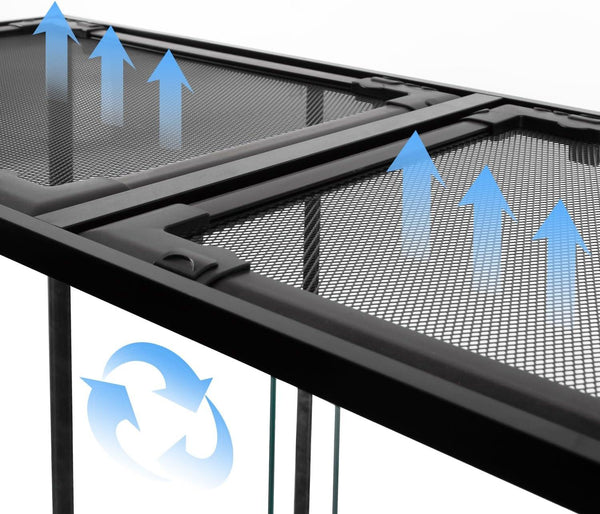 Mesh top reptile terrarium lid with ventilation arrows for airflow and circulation