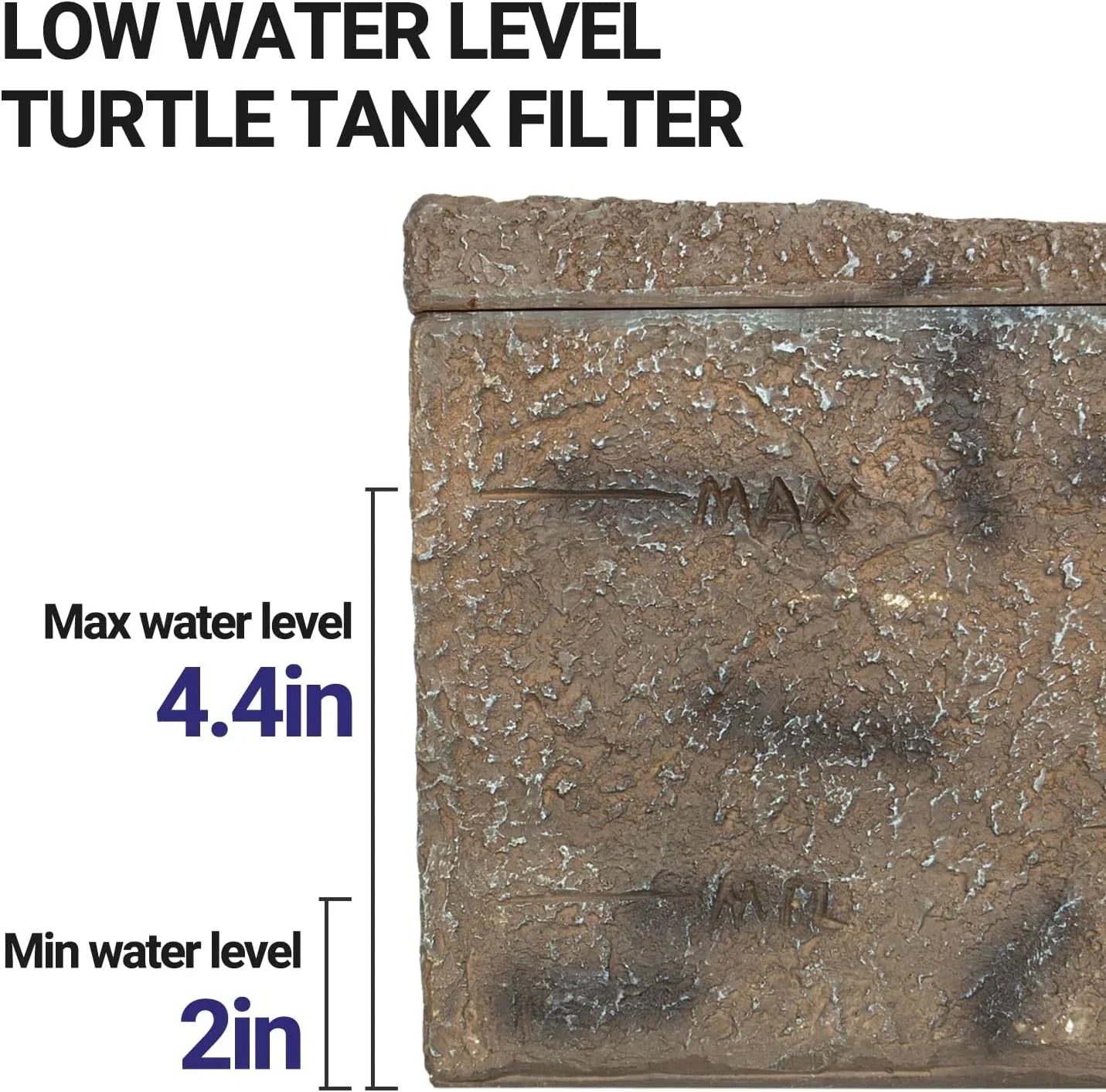 Low water level turtle tank filter with max 4.4in and min 2in water level markings