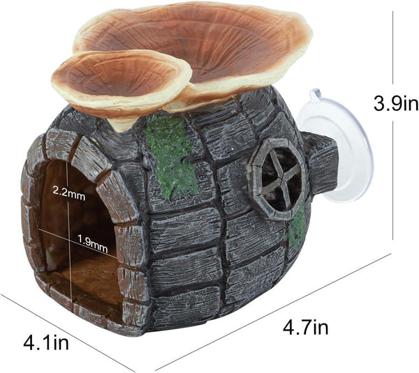 Reptile terrarium hideout with mushroom top, suction cup, and size dimensions shown