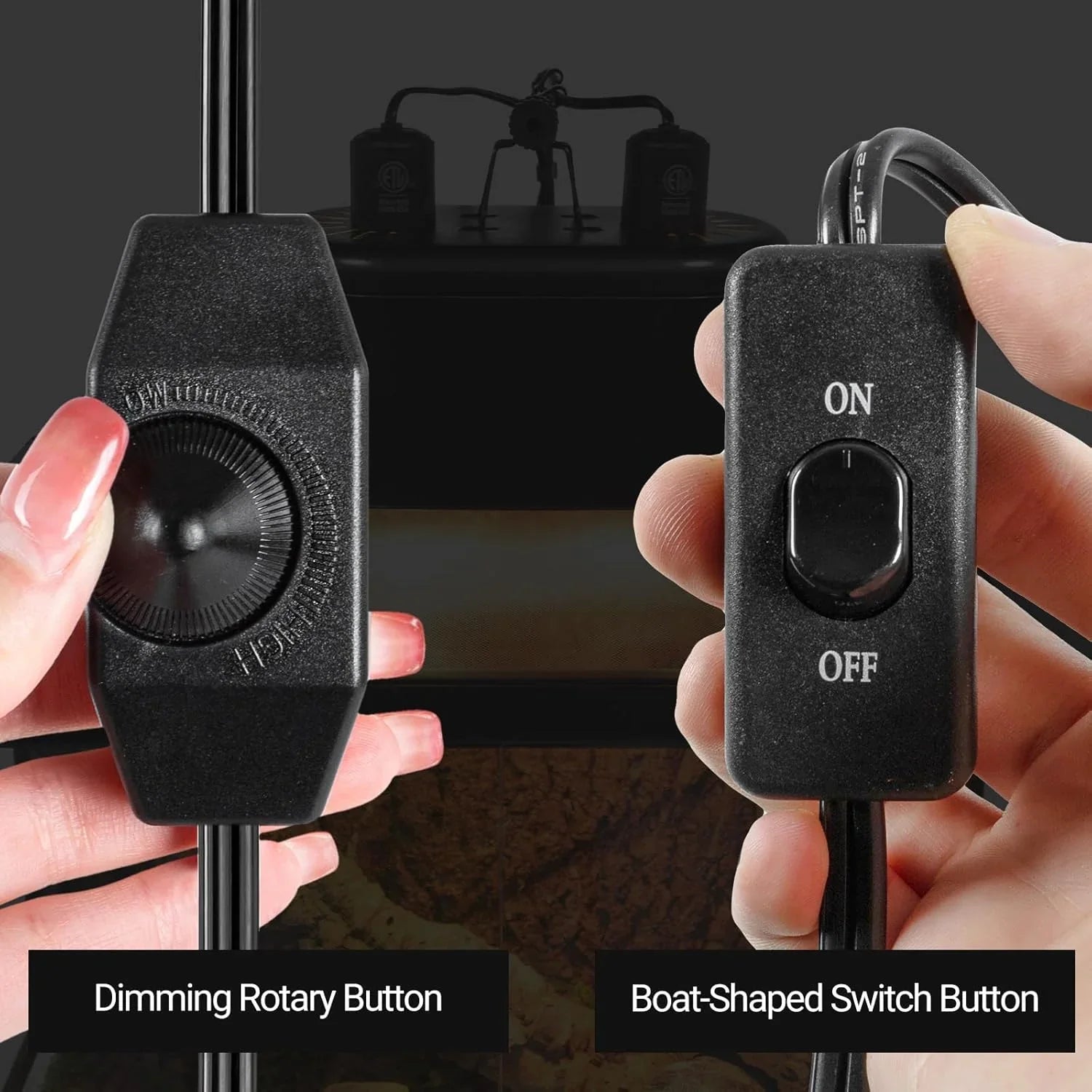 Hand holding reptile terrarium lamp dimming rotary knob and on/off switch button