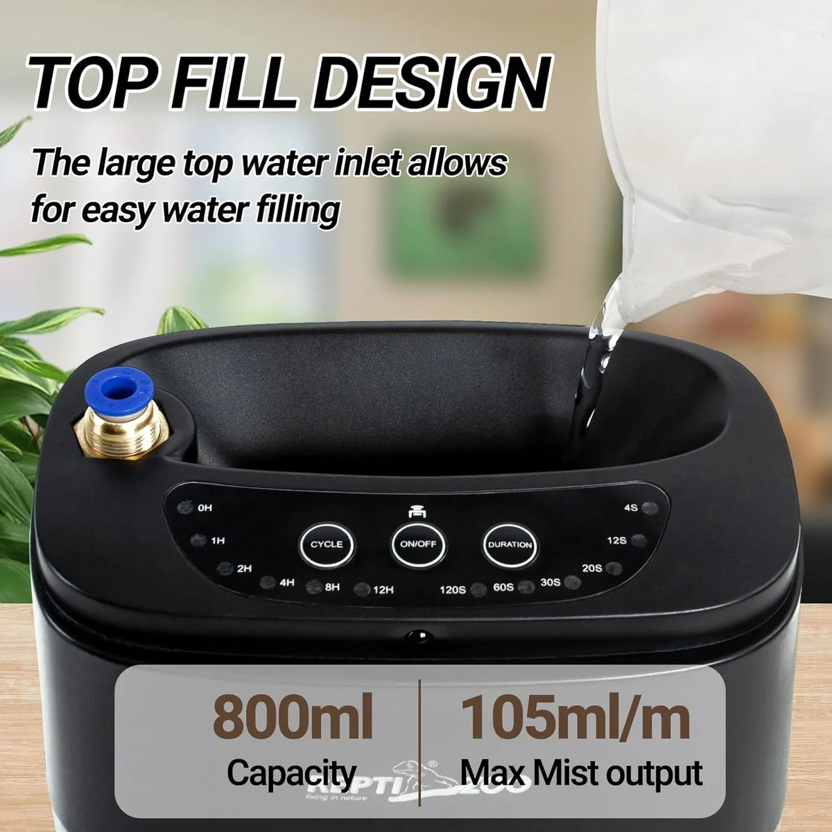 Reptile humidifier with top fill design, control panel, 800ml capacity, 105ml max mist output