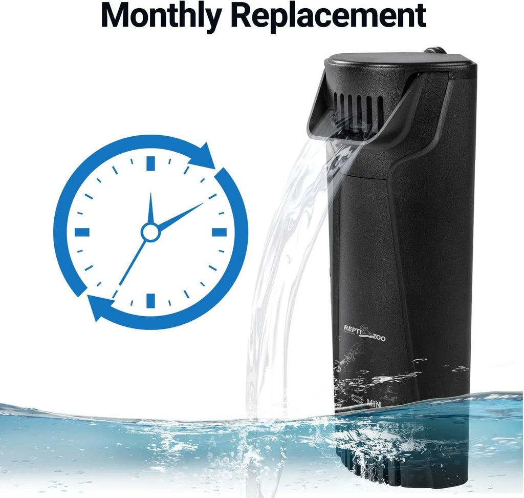 Black aquarium water filter with flowing water, monthly replacement reminder and clock icon.