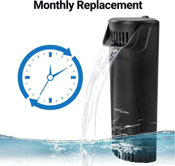 Black aquarium water filter with flowing water, monthly replacement reminder and clock icon.
