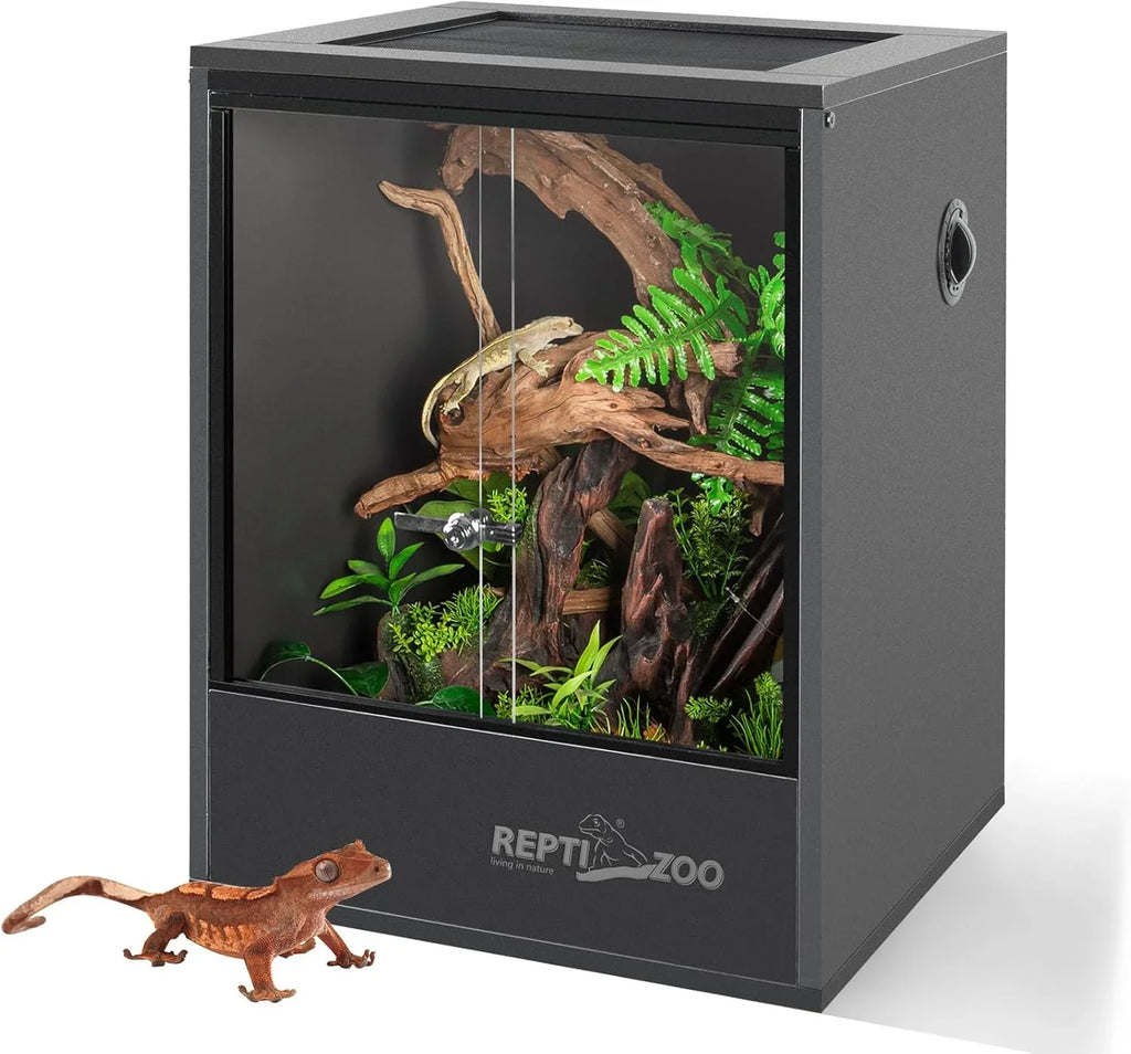 Glass reptile terrarium with front doors, ventilation, and decorative plants, for geckos.