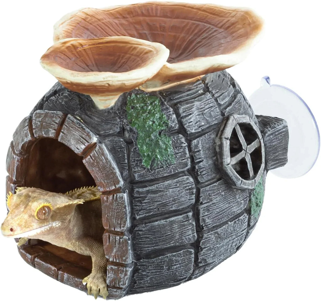 Reptile hideout cave with faux mushrooms, suction cup, and gecko for terrarium décor