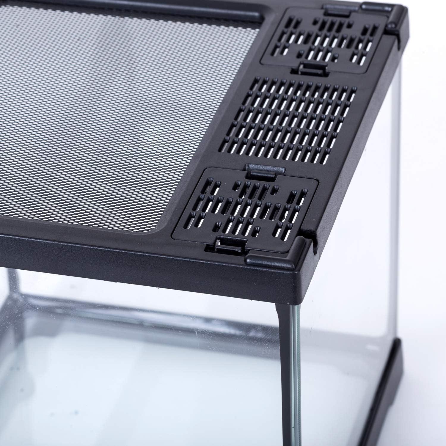 Close-up of reptile terrarium with mesh top and adjustable ventilation panels