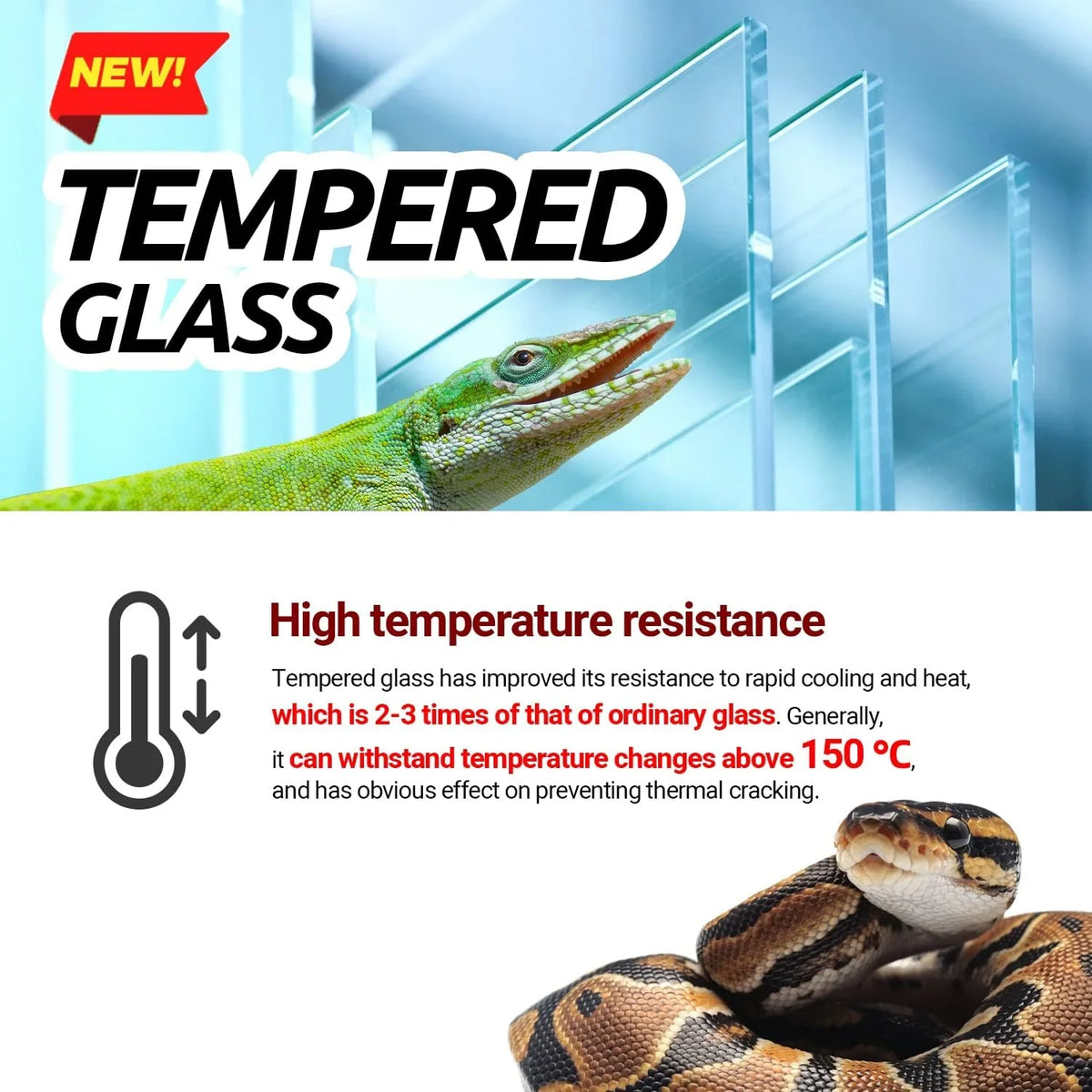 Tempered glass for reptile terrarium, with green lizard, ball python, and high temperature resistance text.