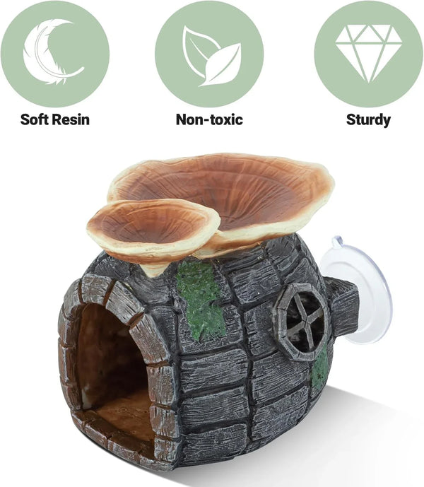 Resin reptile hideout with mushroom design, non-toxic, sturdy, and soft for terrariums.