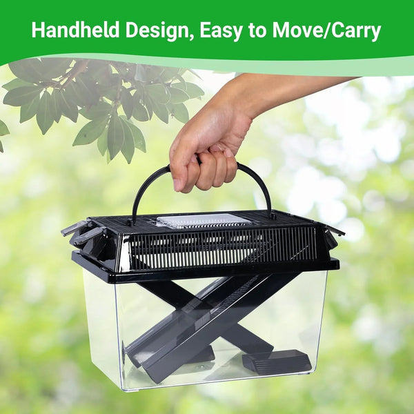 Hand holding portable reptile terrarium with black vented lid, outdoor background