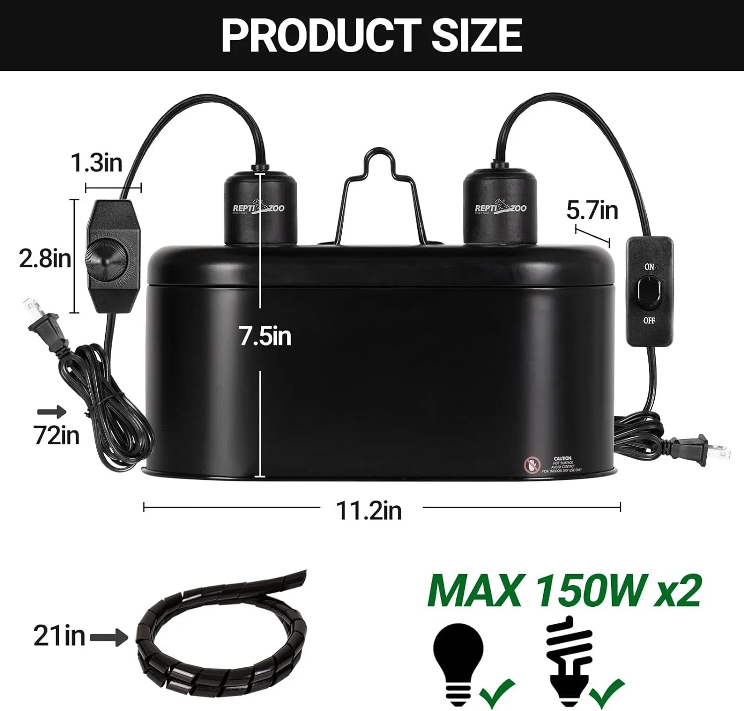 Black reptile heat lamp fixture with dual sockets, size measurements, max 150W power.