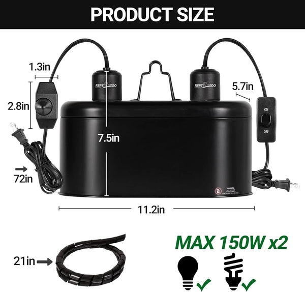 Black reptile heat lamp fixture with dual sockets, size measurements, max 150W power.