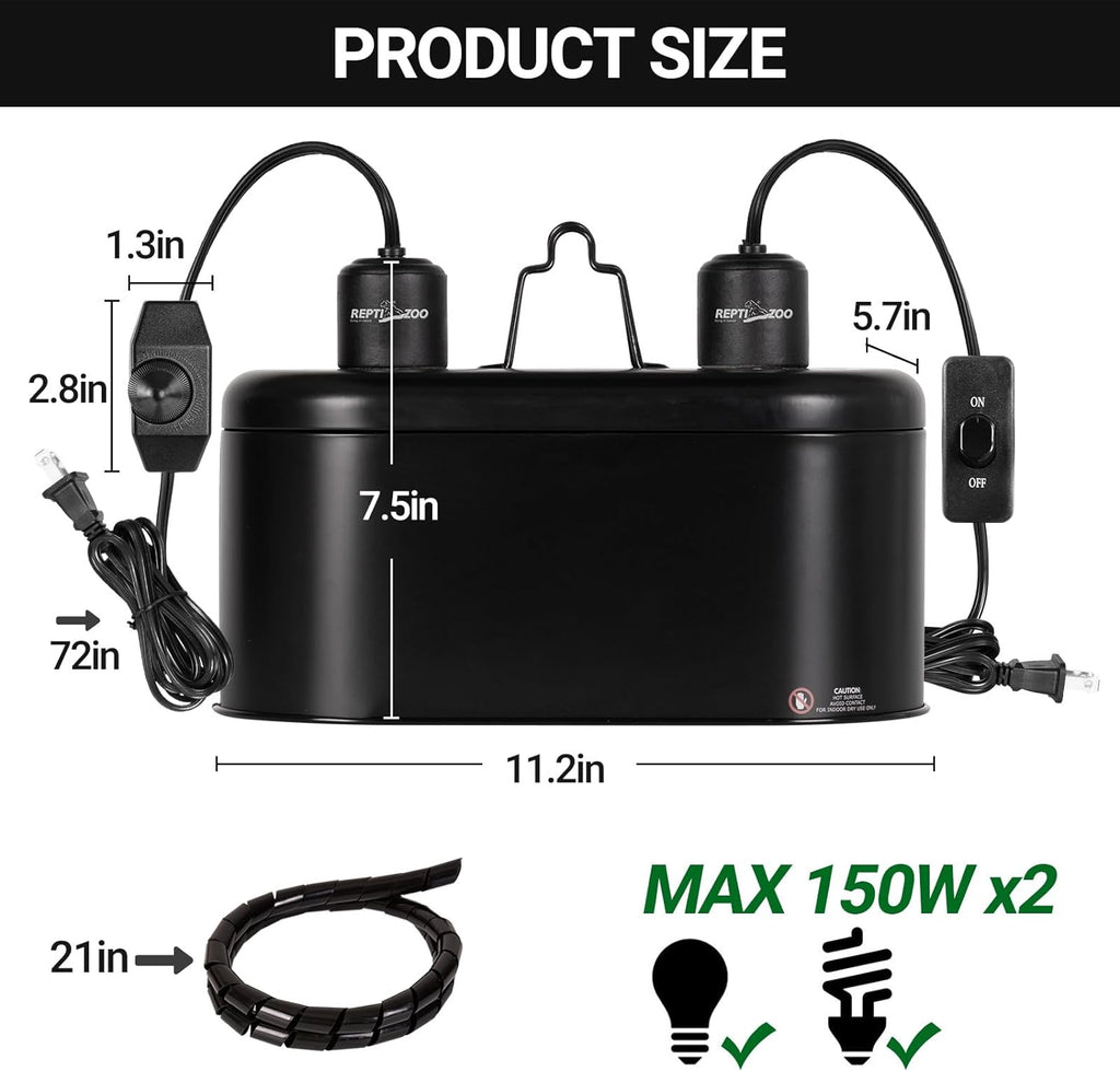 REPTI ZOO Dual Reptile Light Fixture with Dimming, Deep Dome Reptile Heat Lamp Fixture