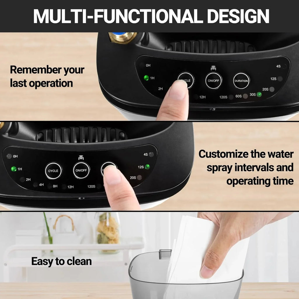 Reptile mister control panel with timer settings, easy-clean water tank, and multi-functional design.