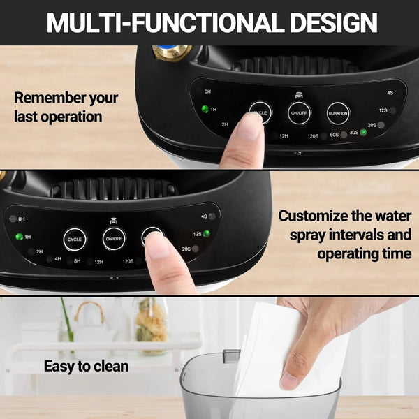 Reptile mister control panel with timer settings, easy-clean water tank, and multi-functional design.
