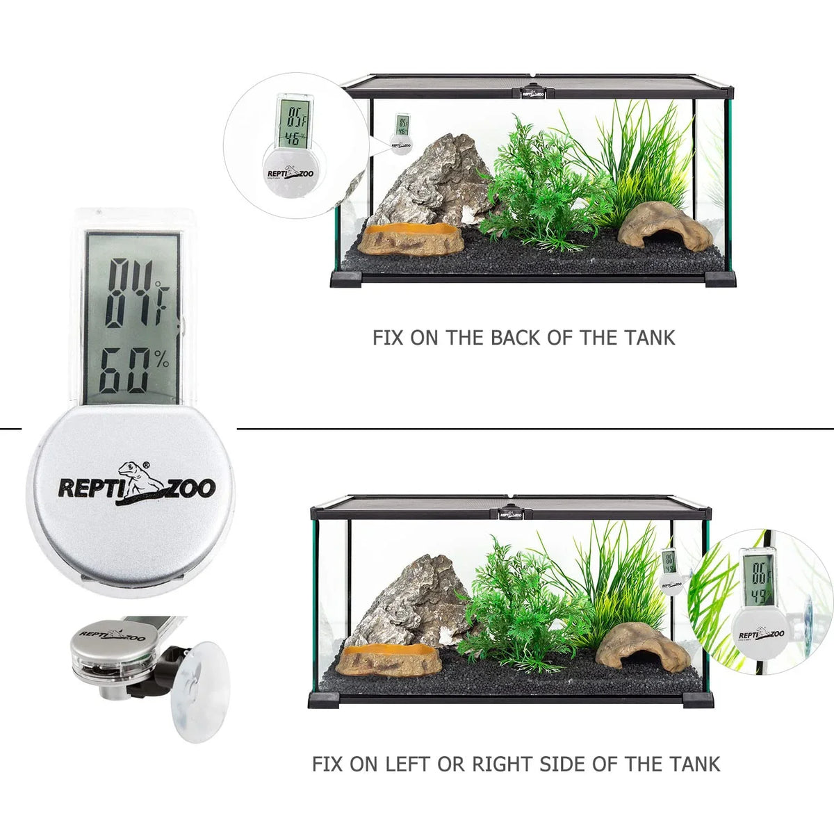 Digital reptile tank thermometer and hygrometer displayed in a glass terrarium setup
