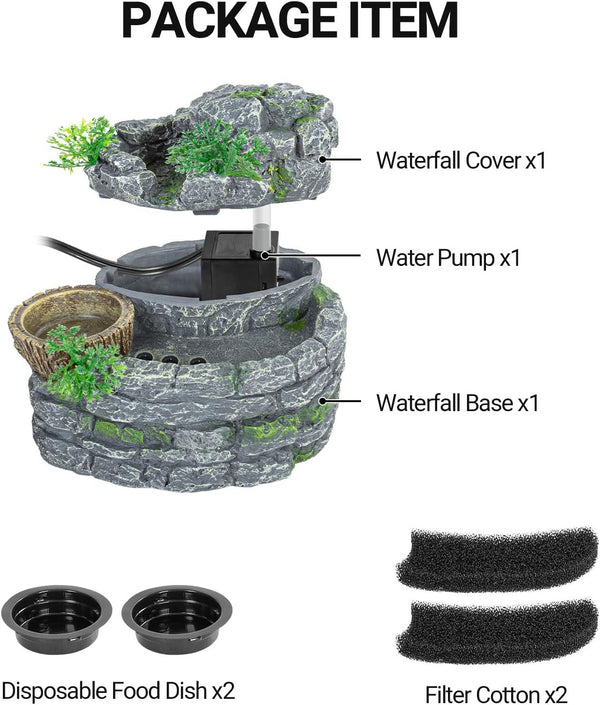 Reptile terrarium waterfall kit with rock design, water pump, food dishes, and filter cotton.