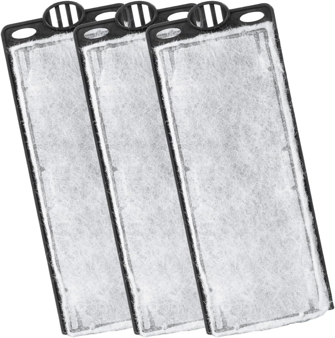 Three rectangular reptile terrarium filter pads with black frames and white fibrous surfaces