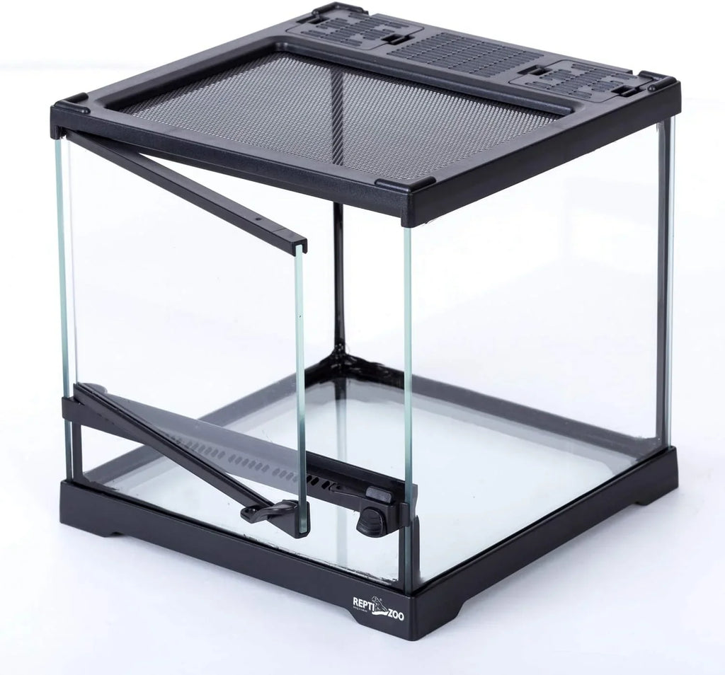 Glass reptile terrarium with ventilation mesh top and front opening doors for small pets