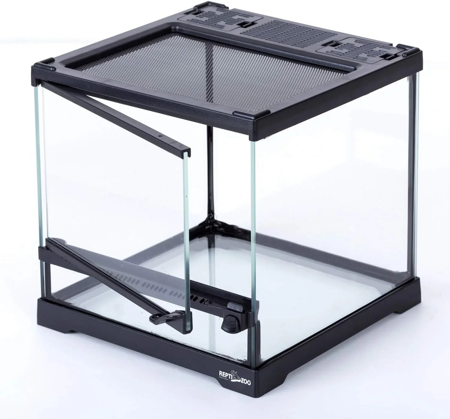 Glass reptile terrarium with mesh top, front-opening doors, and black frame