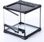 Glass reptile terrarium with mesh top, front-opening doors, and black frame