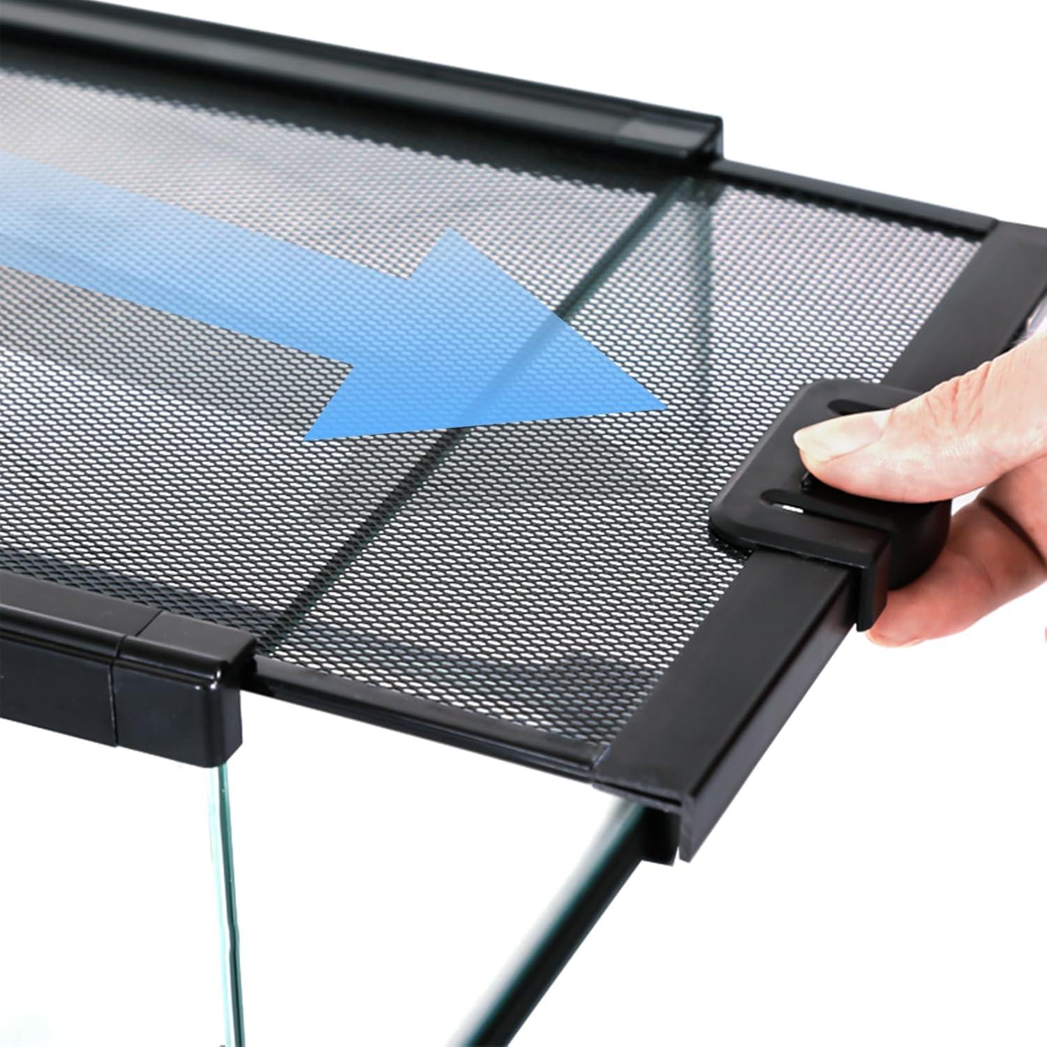 Sliding mesh screen top for reptile terrarium with secure locking mechanism