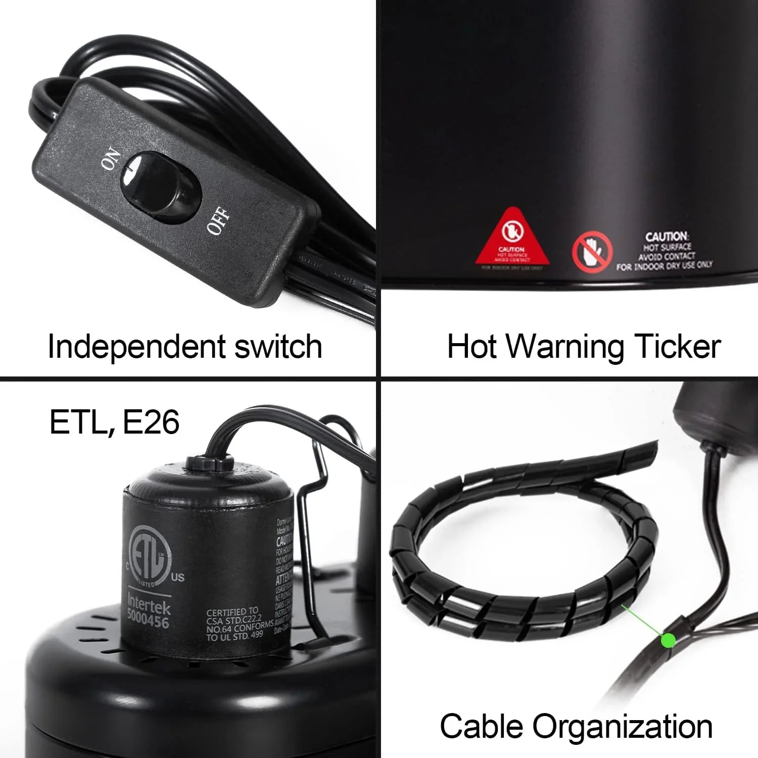 Reptile heat lamp features independent switch, ETL E26 socket, hot surface warning, cable organizer