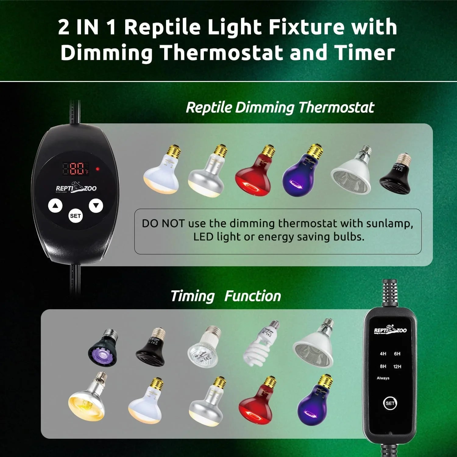 Dual Reptile Light Fixture with Dimming Thermostat and Timer