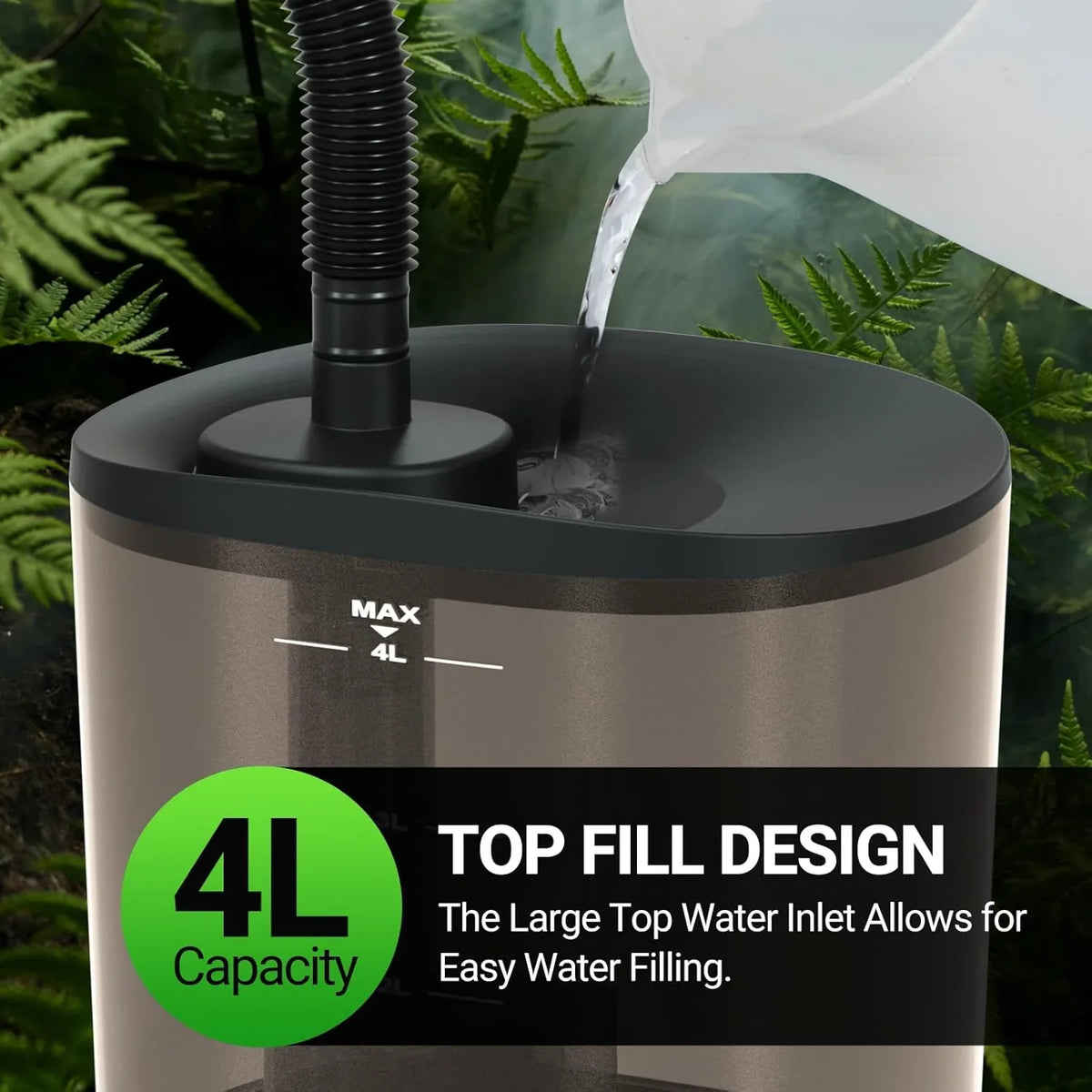 4L reptile terrarium humidifier with top fill design, easy water inlet, and flexible hose