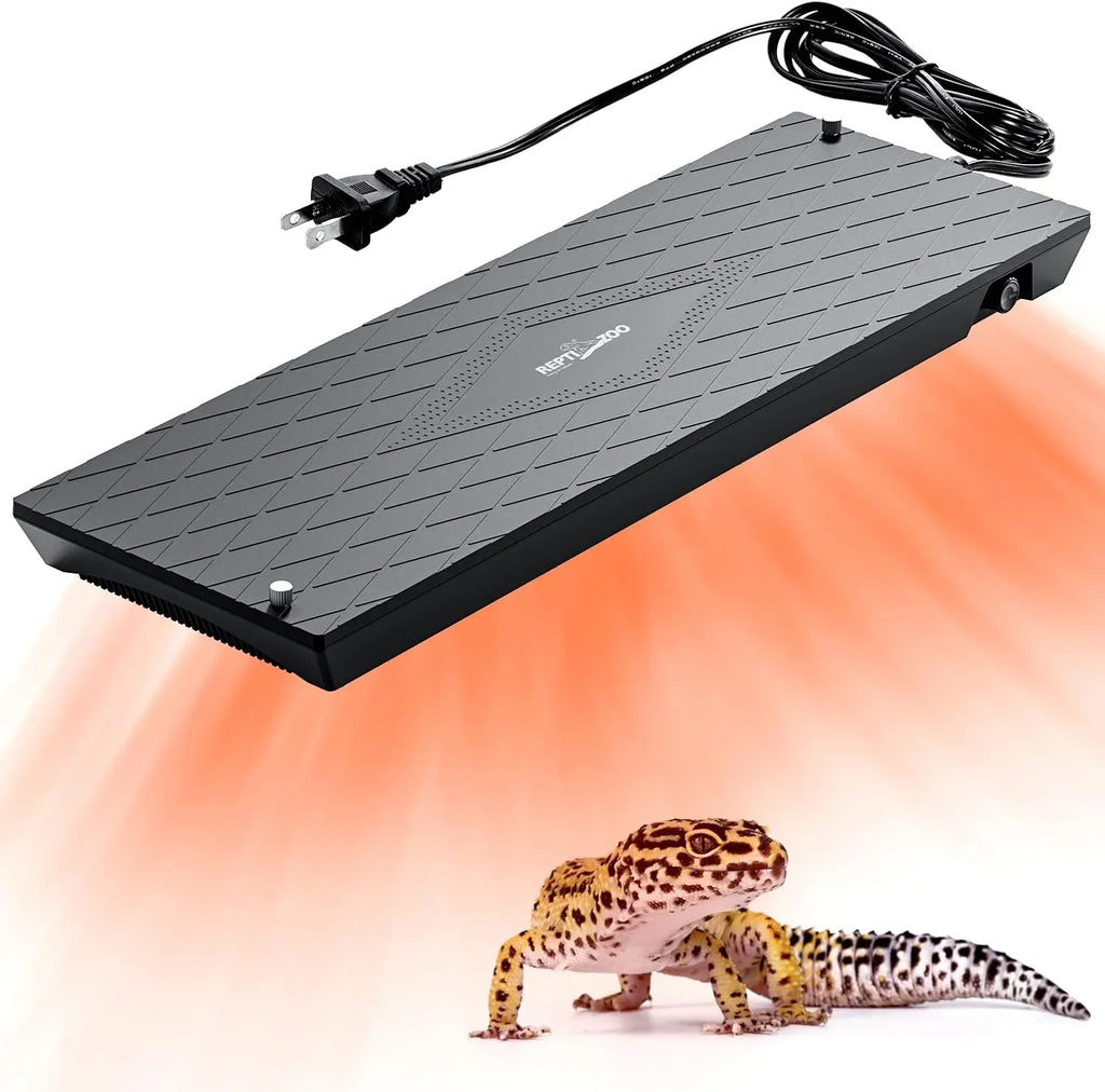 Reptile heat lamp panel emitting warmth onto leopard gecko, ideal for terrarium heating
