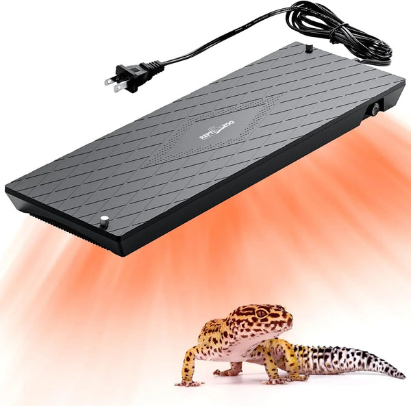 Reptile heat lamp panel emitting warmth onto leopard gecko, ideal for terrarium heating