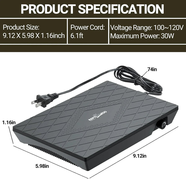 Black reptile heating pad with power cord, diamond pattern surface, and size dimensions shown.