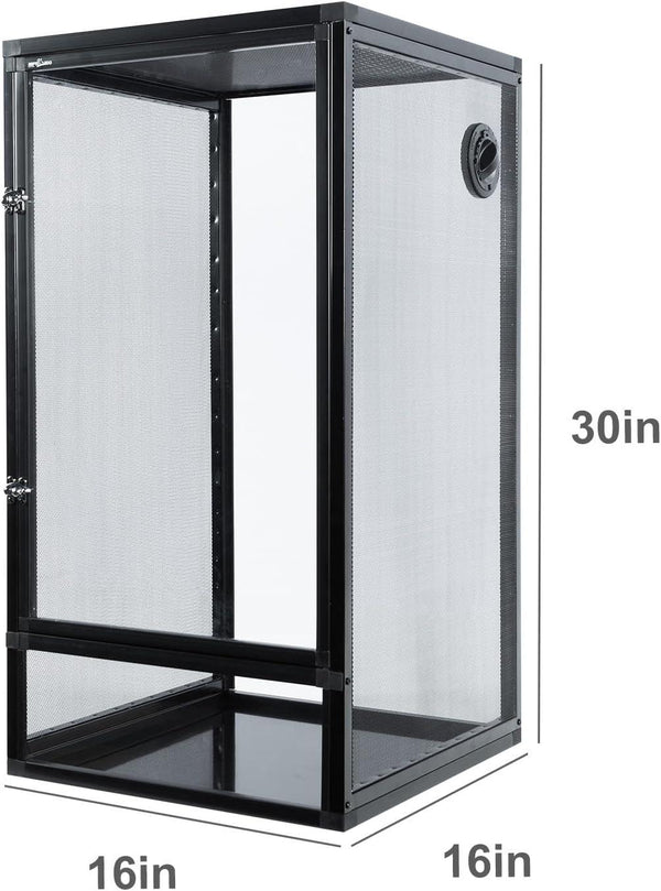Mesh reptile terrarium cage 16x16x30 inches, black frame, front door, ventilation port