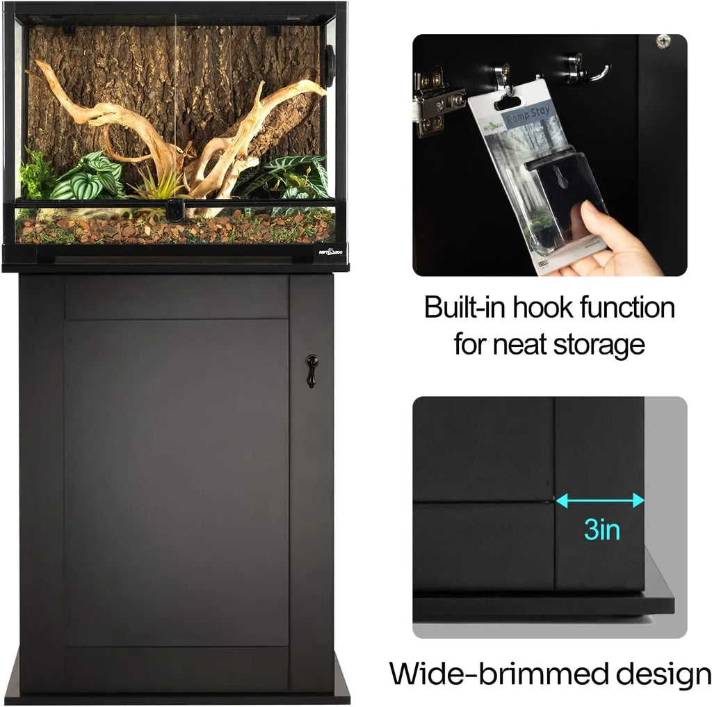 Reptile terrarium on a black cabinet with built-in storage hooks and wide-brimmed base design.