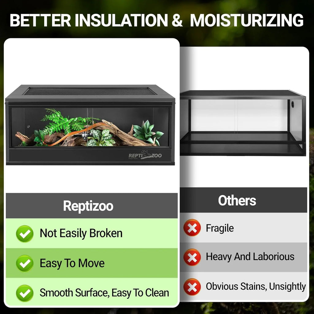 Comparison of two reptile terrariums highlighting insulation, ease of cleaning, and durability features.
