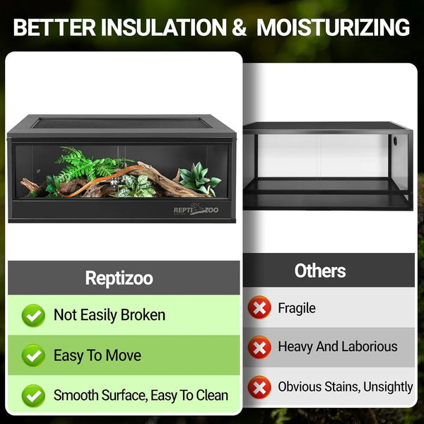 Comparison of two reptile terrariums highlighting insulation, ease of cleaning, and durability features.
