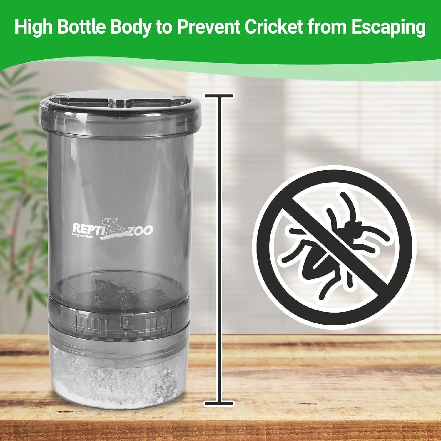 Tall cricket feeder container with escape prevention design for reptile enclosures